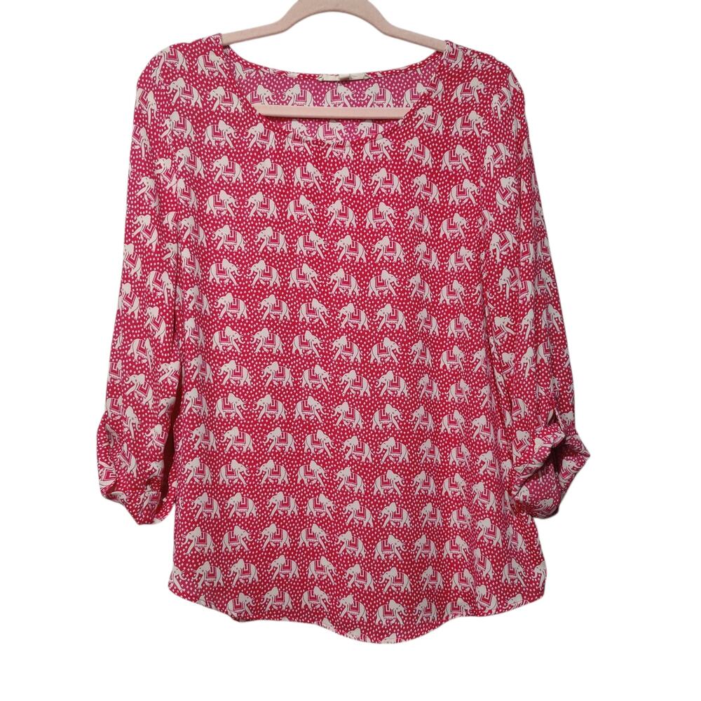 41 Hawthorn Women's Sz L Pink Elephant Novelty Print Roll Tab 3/4 Sleeve Shirt